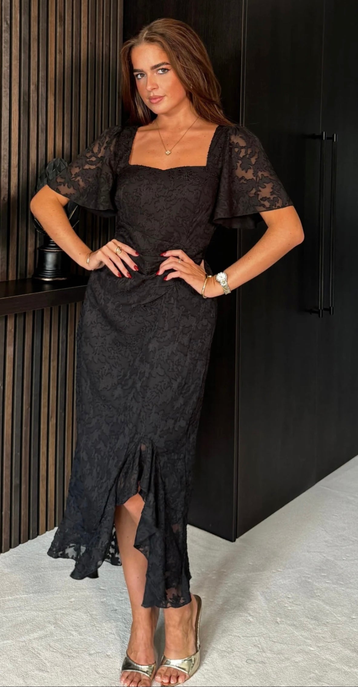 Heidi Floral Burnout Ruched Midi Dress Black