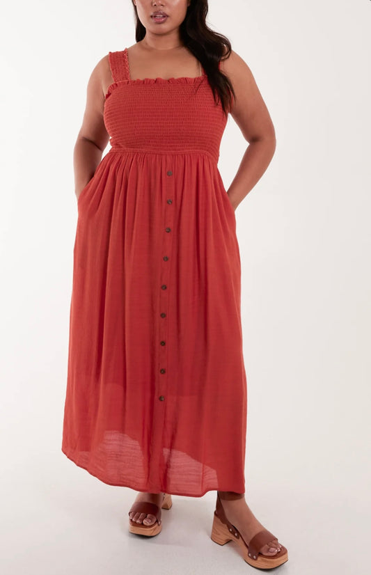 Curve Burnt Orange Shirred Midi Dress (size 16,18,20)