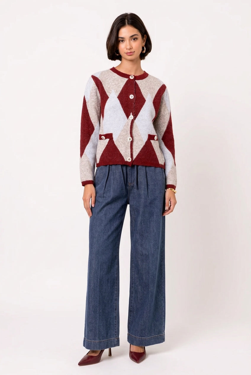 Olivia Burgundy & Grey Argyle Cardigan