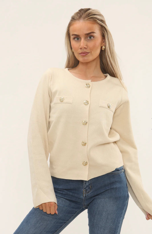 Cream Cardigan With Gold Statement Buttons