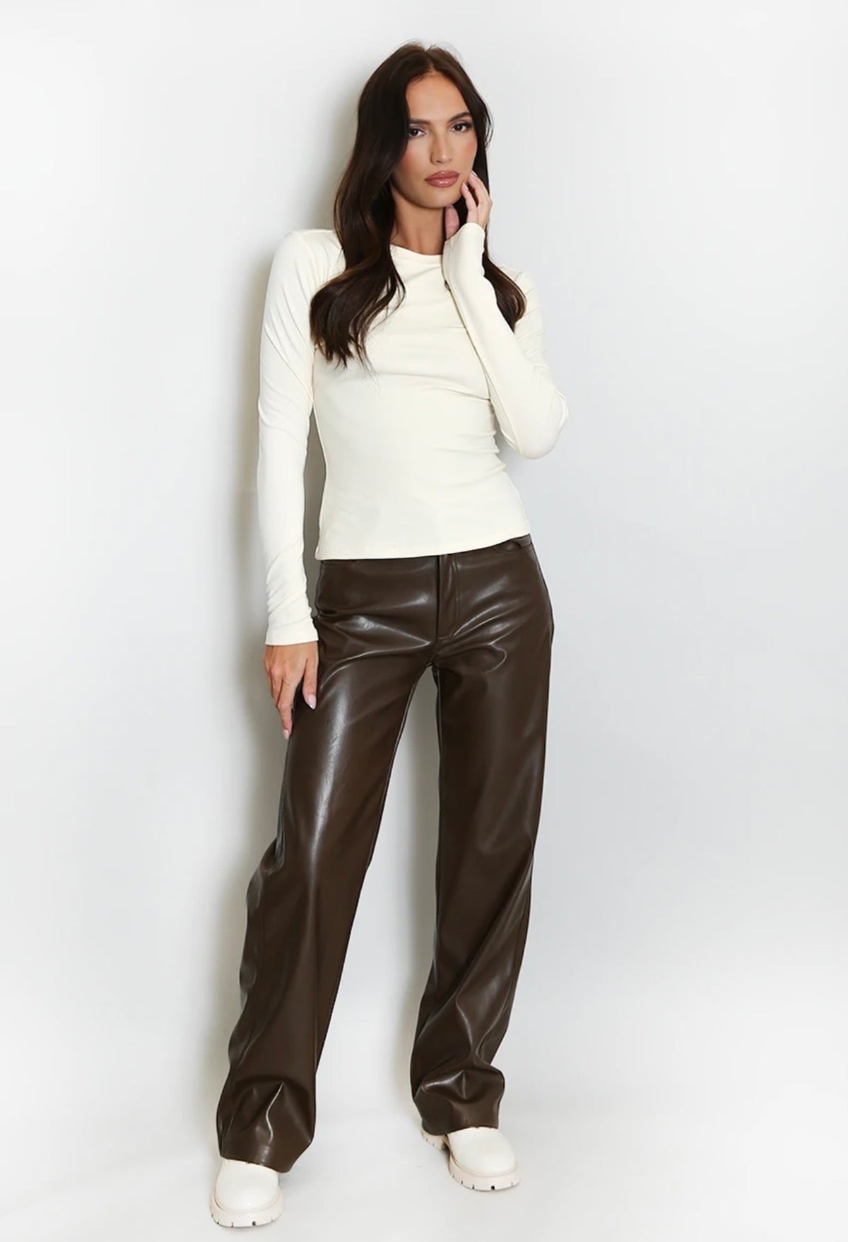 Cream Long Sleeve Basic Top