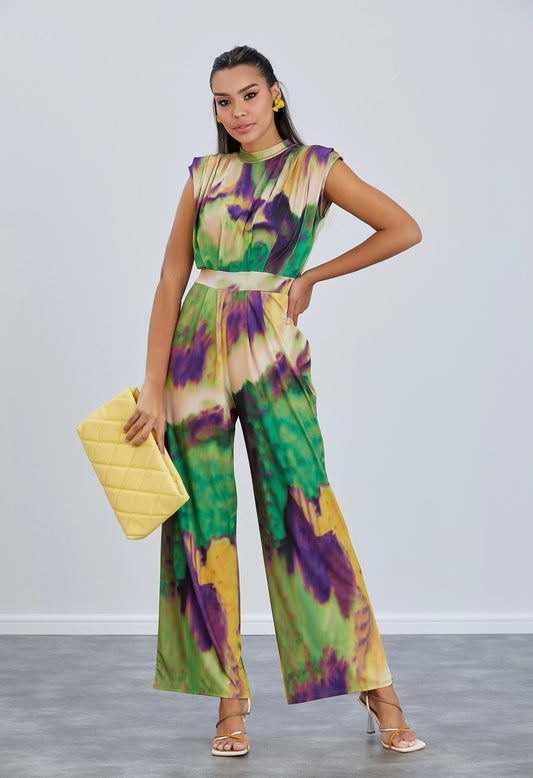 Morgan High Neck Jumpsuit In Green Fusion