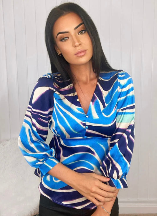 Blue Colour Block Satin Top