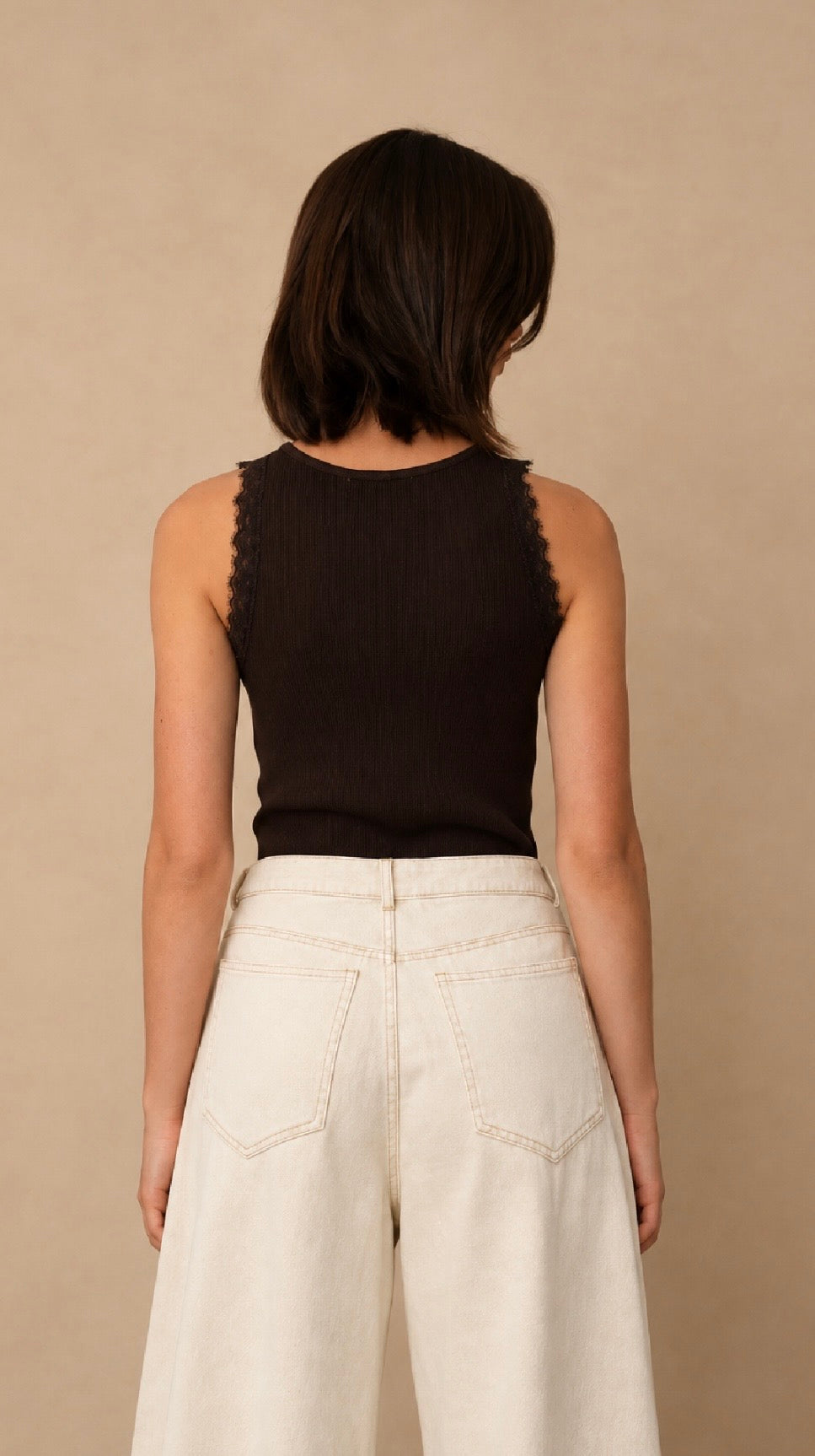 Brown Lace Ribbed Detail Top