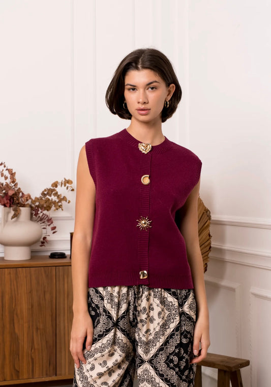 Burgundy Waistcoat With Statement Buttons