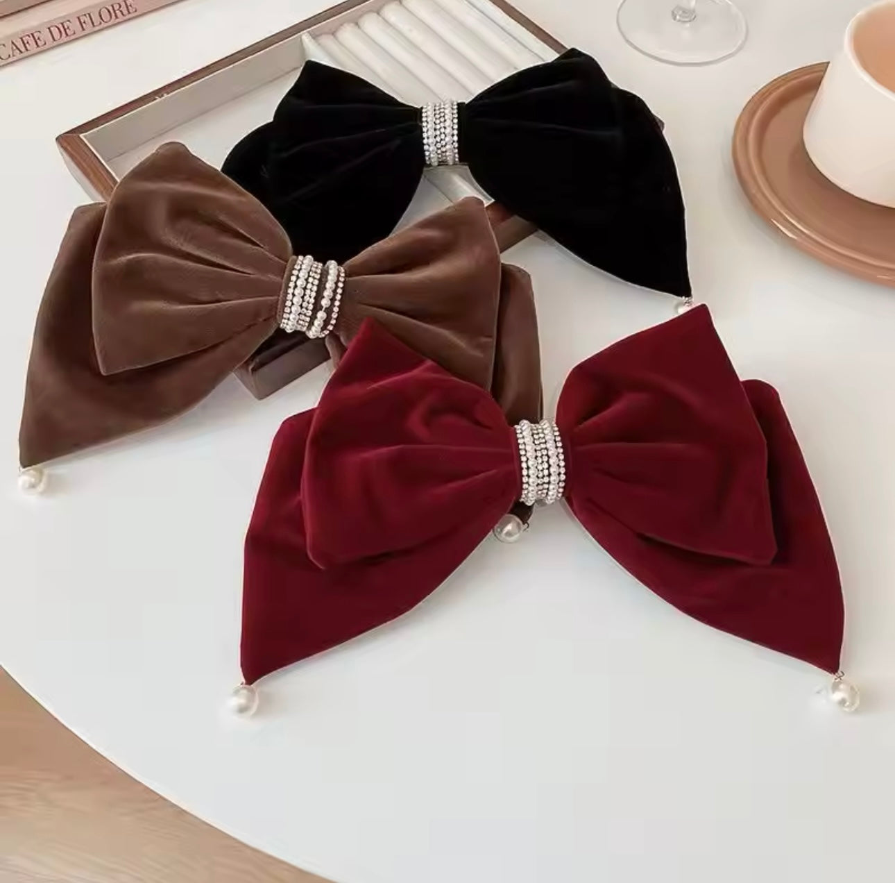 Large Pearl Diamanté Velvet Bow Mocha