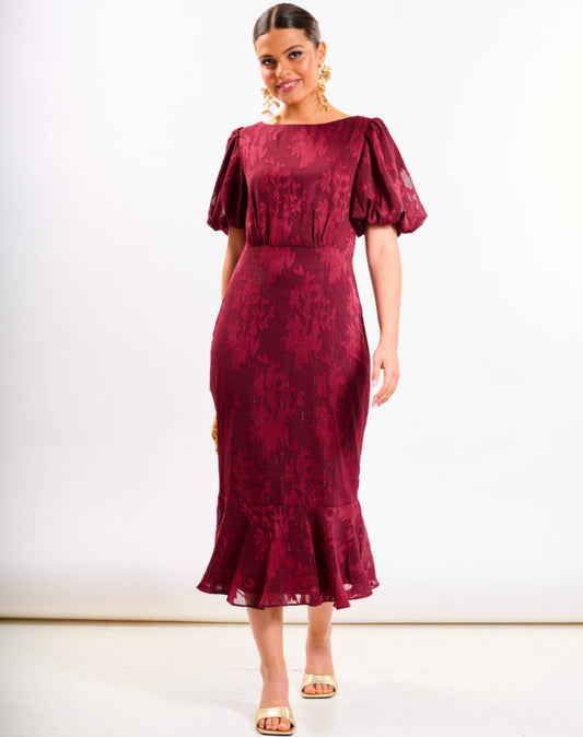 Burgundy Shimmer Puff Sleeve Midi Dress