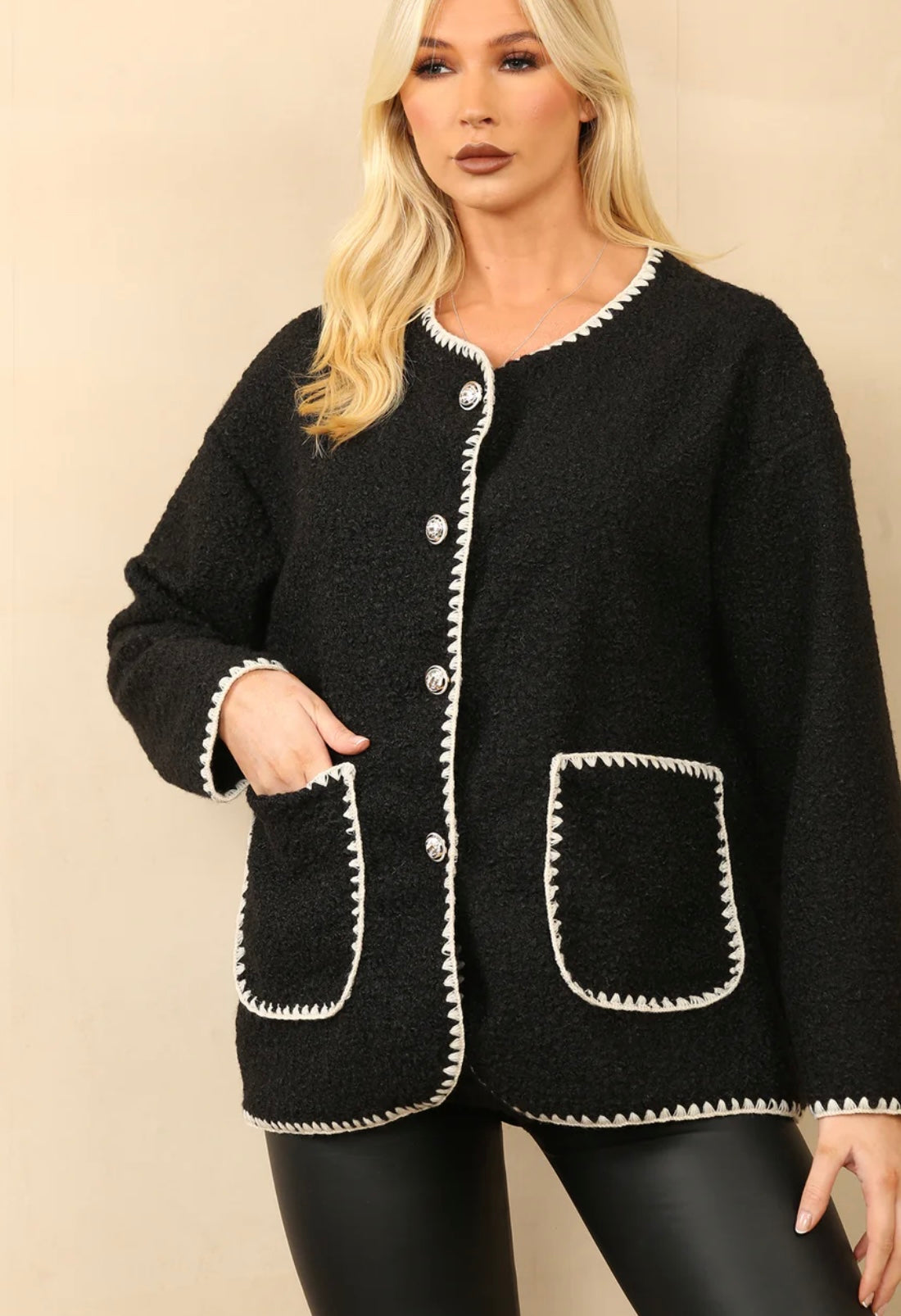 Ava Blanket Stitch Gold Button Jacket In Black