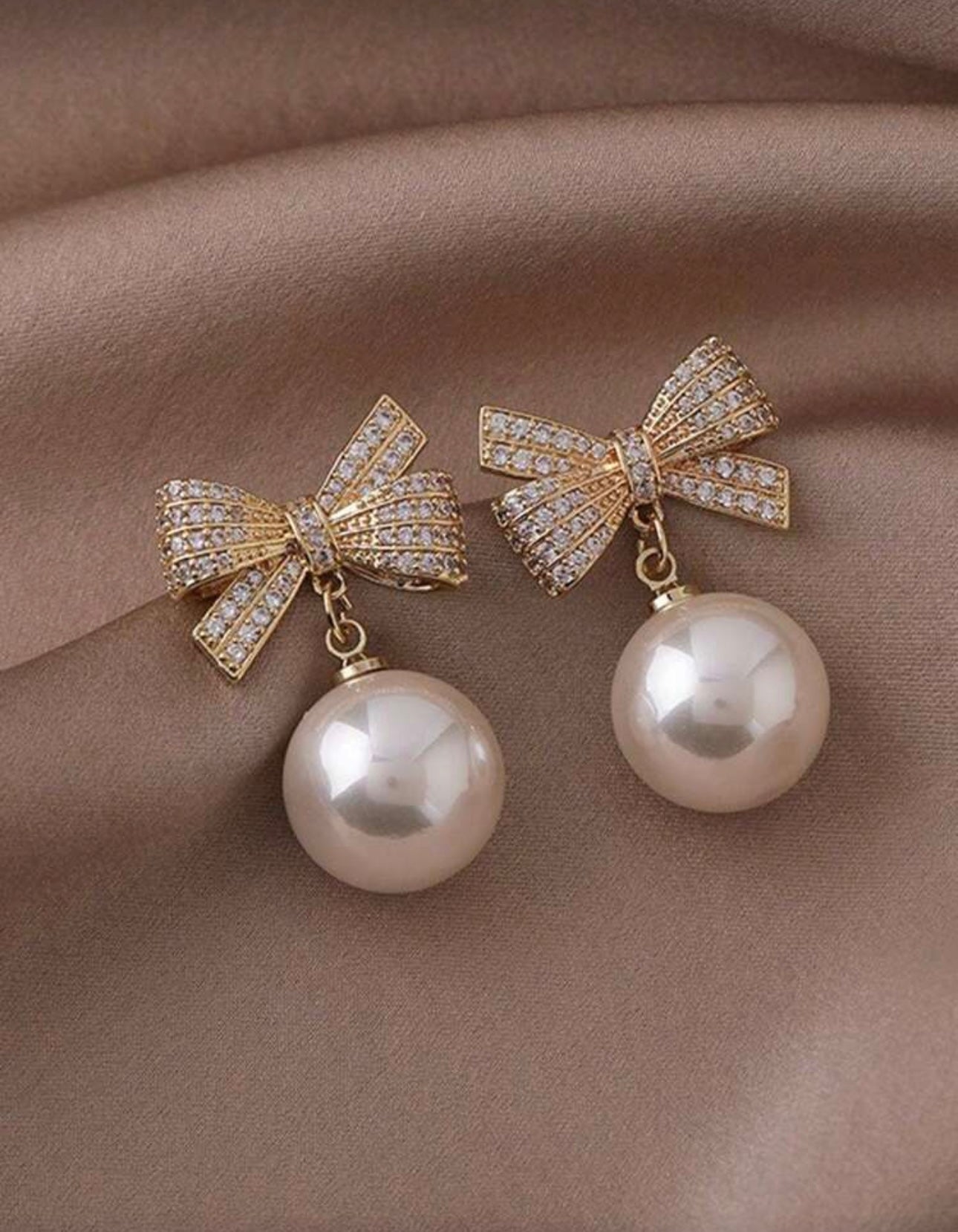 Diamanté Bow Pearl Drop Earrings