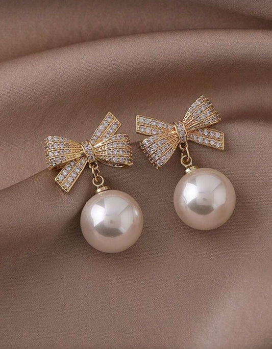 Diamanté Bow Pearl Drop Earrings