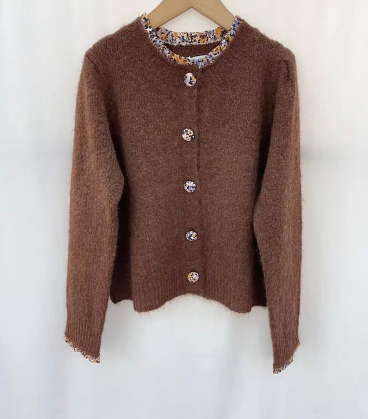 Brown Cardigan With Floral Collar & Button Detail