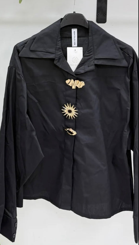 Black Gold Brooch Embellished Shirt