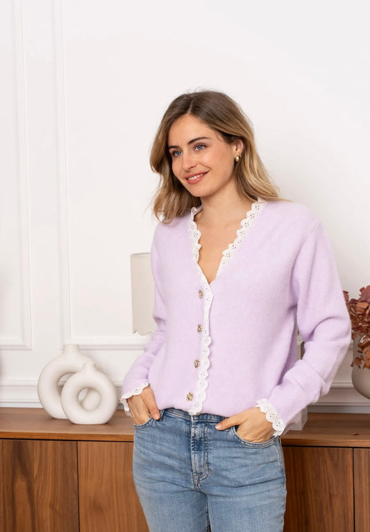 Cassie Lilac & White Broiderie Trim Cardigan