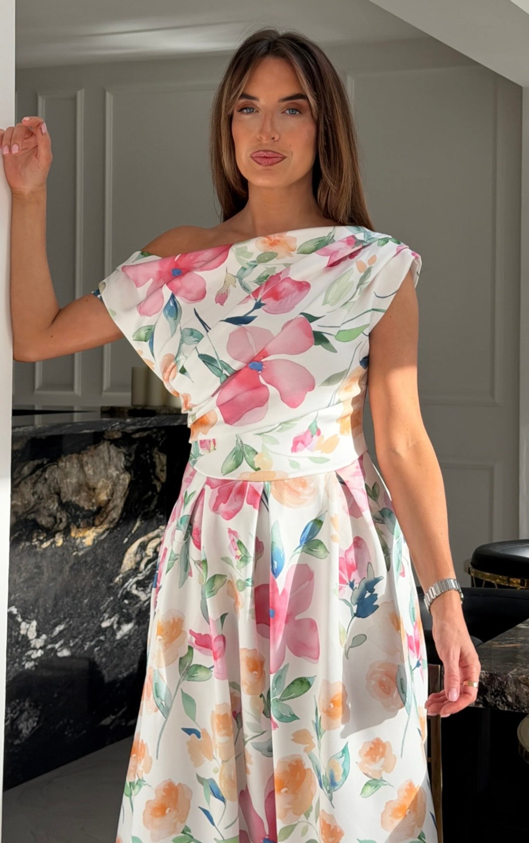 Betty Asymmetric Neckline Skater Midi Dress Print