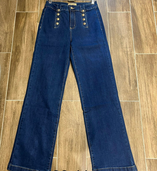 Dark Denim Wide Leg Gold Button Detail Jeans