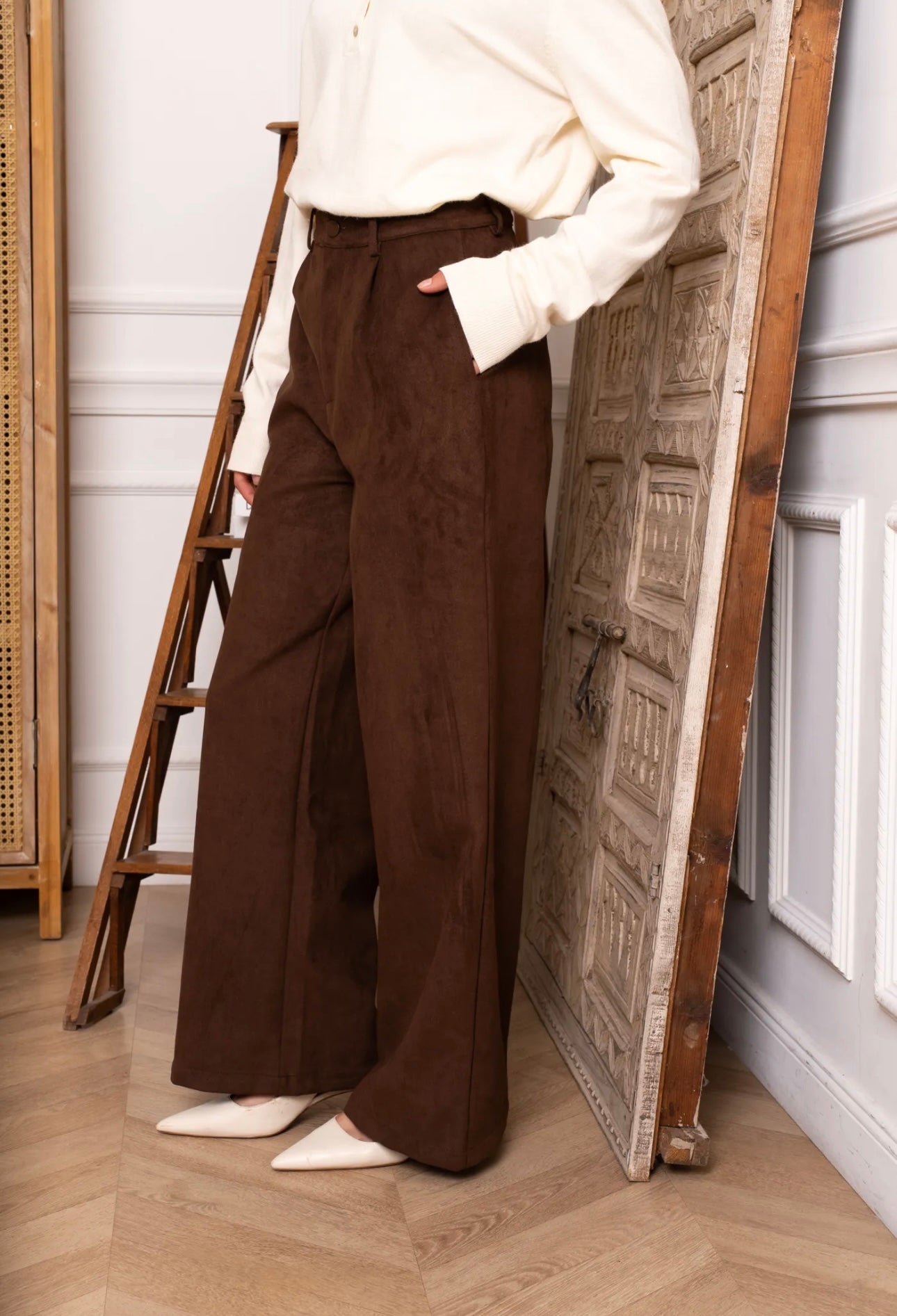 Brown Suede Wide Leg Trousers