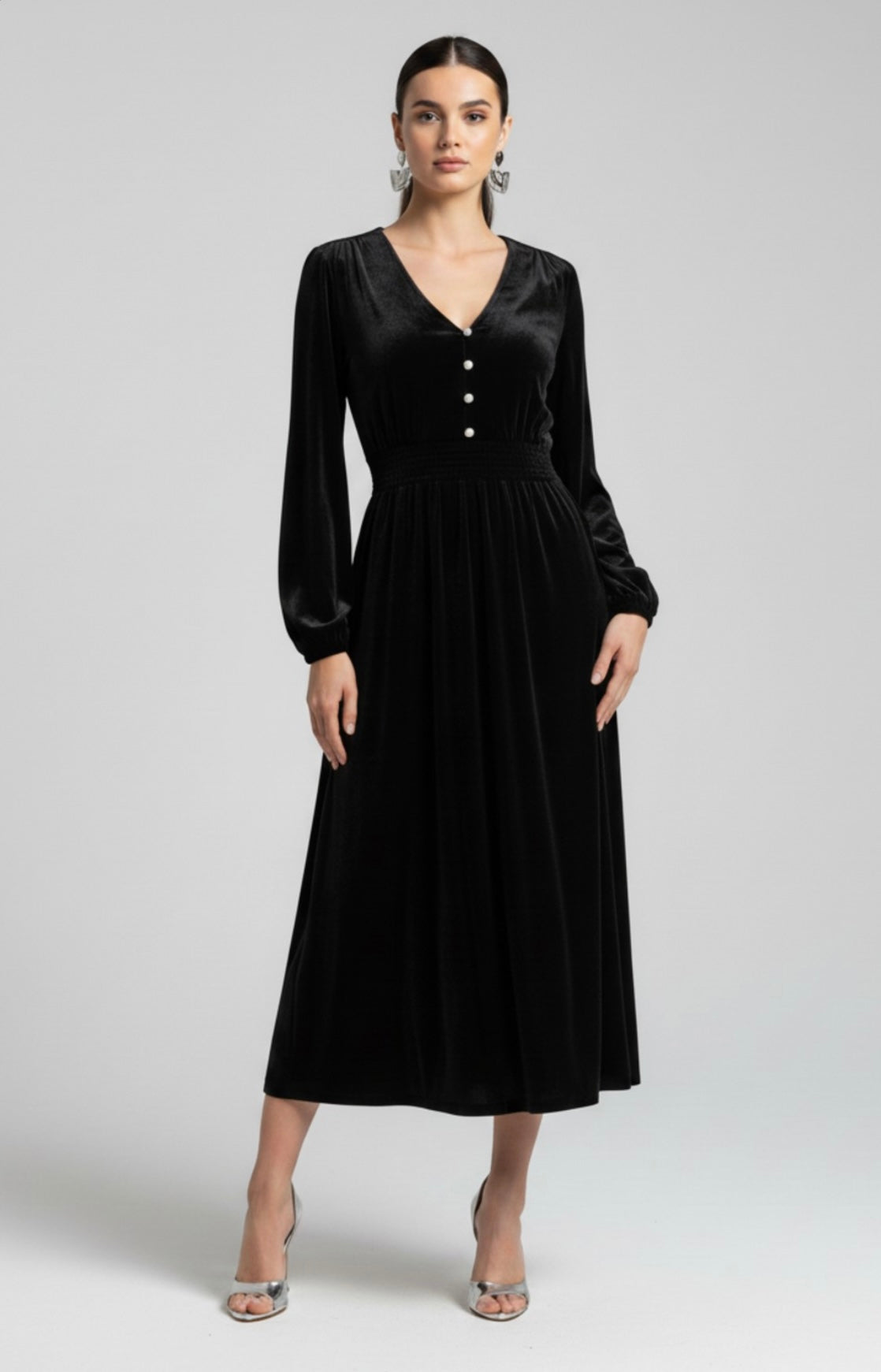 Black Velvet Diamanté Button Embellished Midi Dress