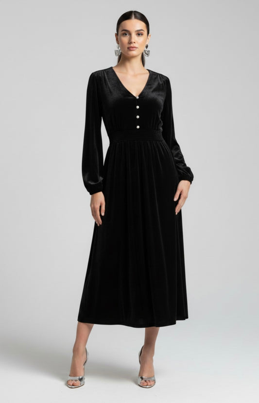 Black Velvet Diamanté Button Embellished Midi Dress