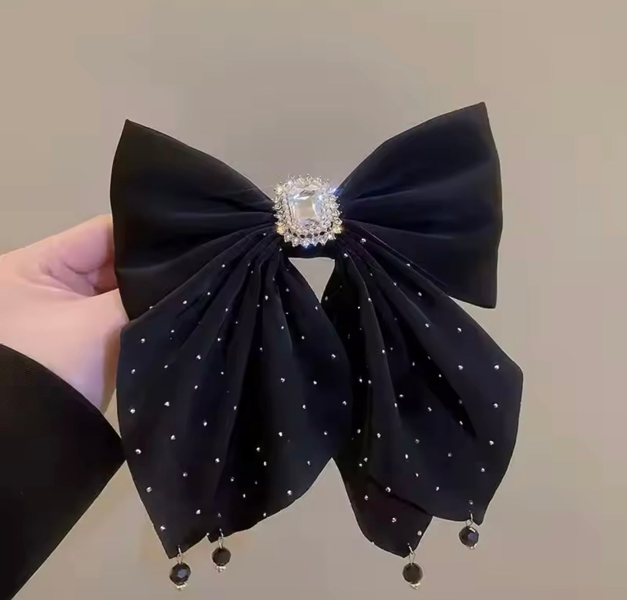 Black Satin Diamanté Embellished Brooch Detail Bow