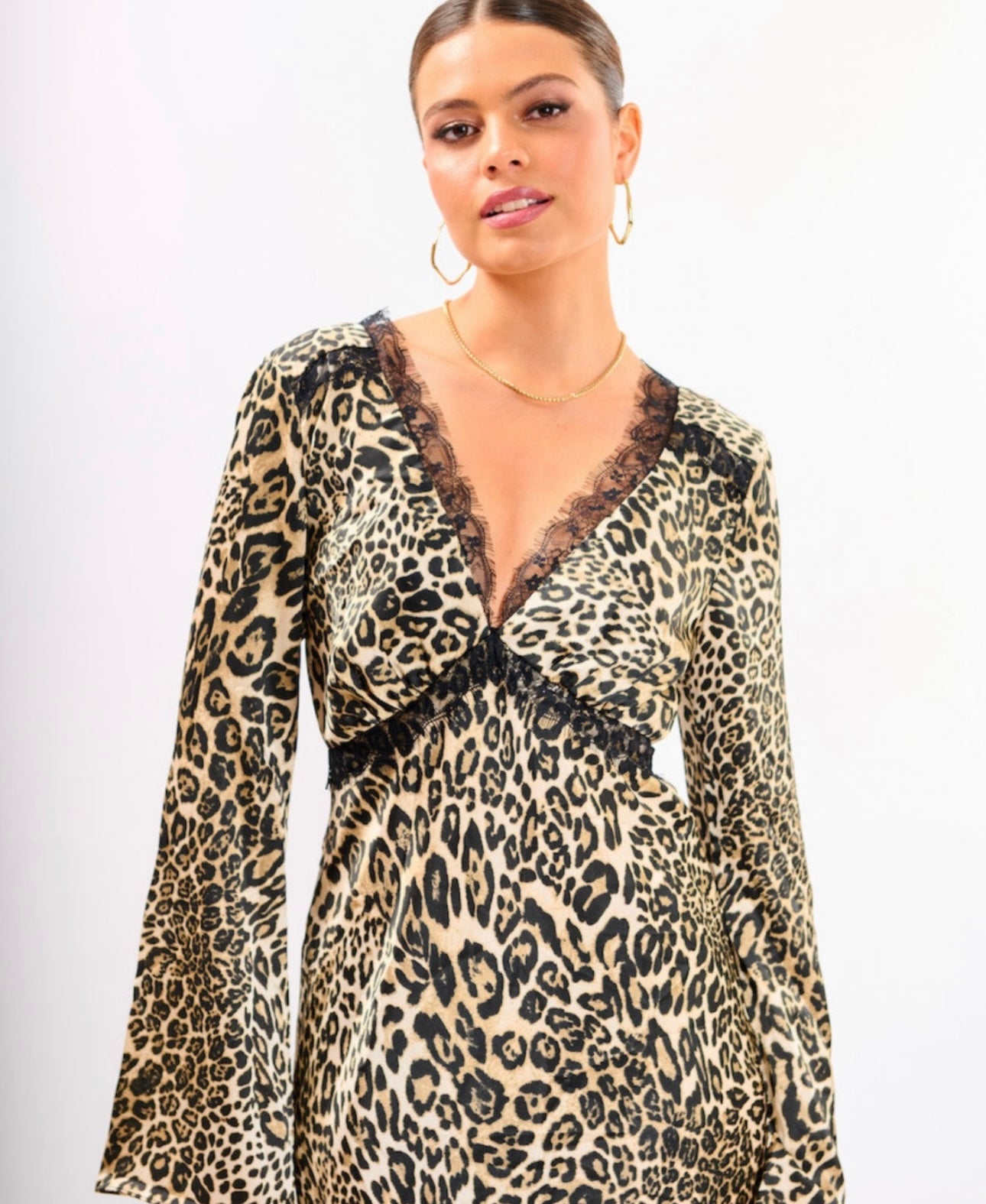 Leopard Print Satin Lace Midi Dress