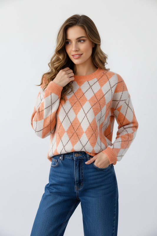 Orange & Cream Argyle Jumper