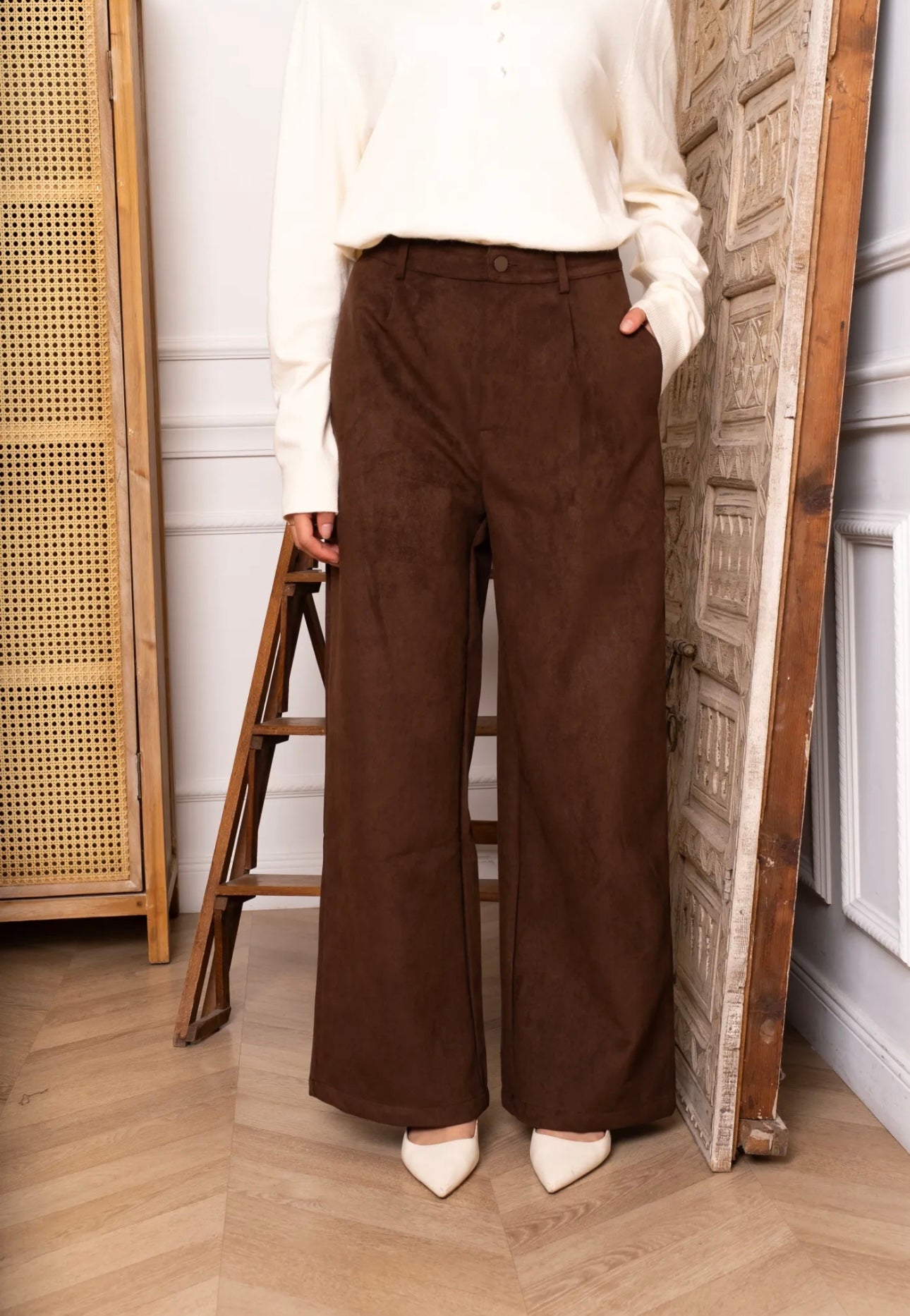 Brown Suede Wide Leg Trousers