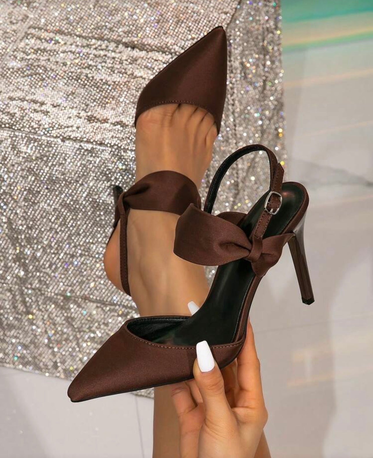 Brown Satin Bow Detail Slingback Heels