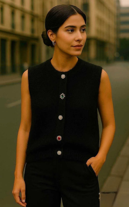 Black Waistcoat With Vintage Embellished Buttons
