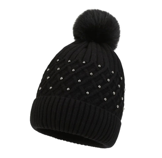 Black Pearl Fleece Lined Pom Hat