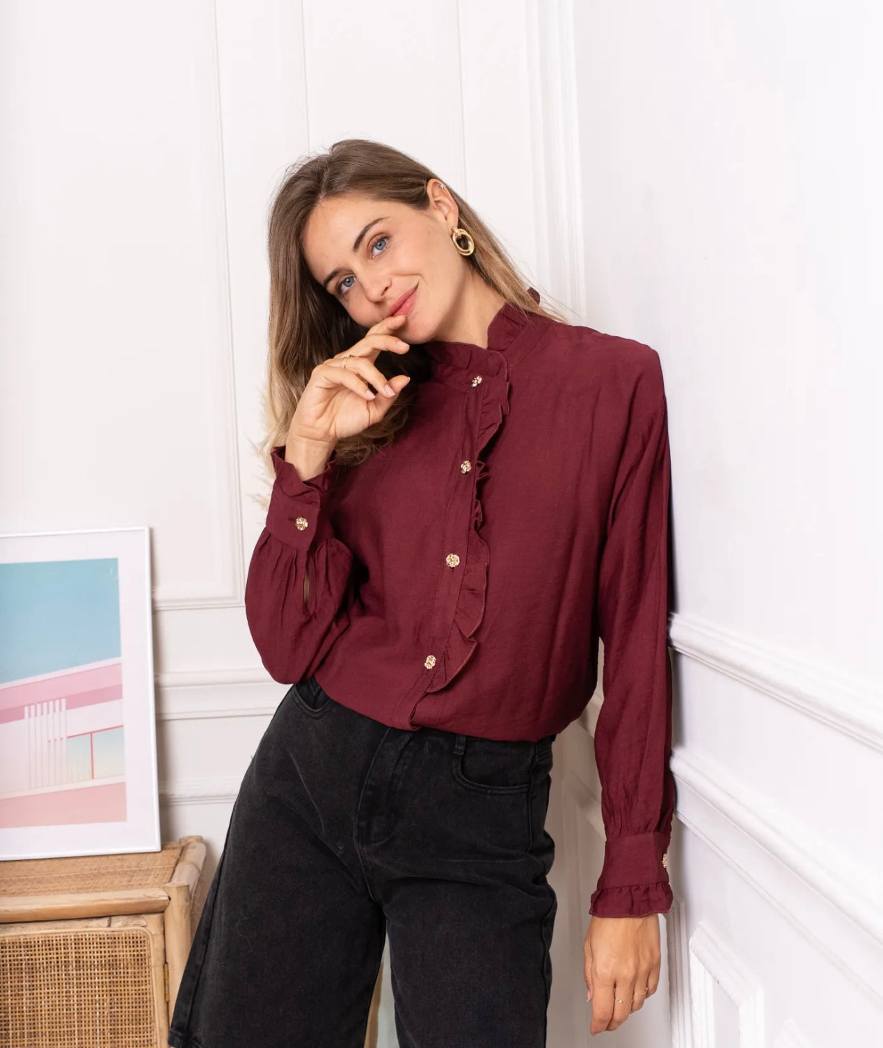 Burgundy Frill Blouse With Gold Button Appliqué