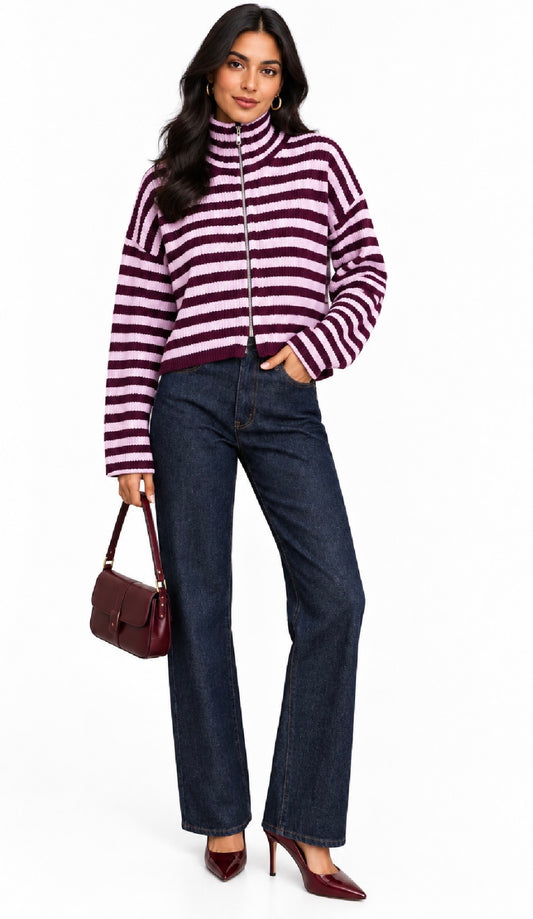 Burgundy & Pink Striped Zip Up Knit