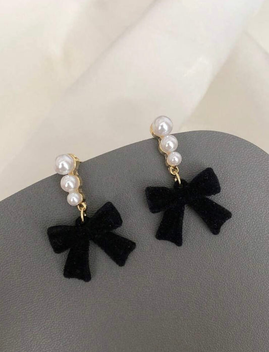Black Velvet Bow Pearl Earrings