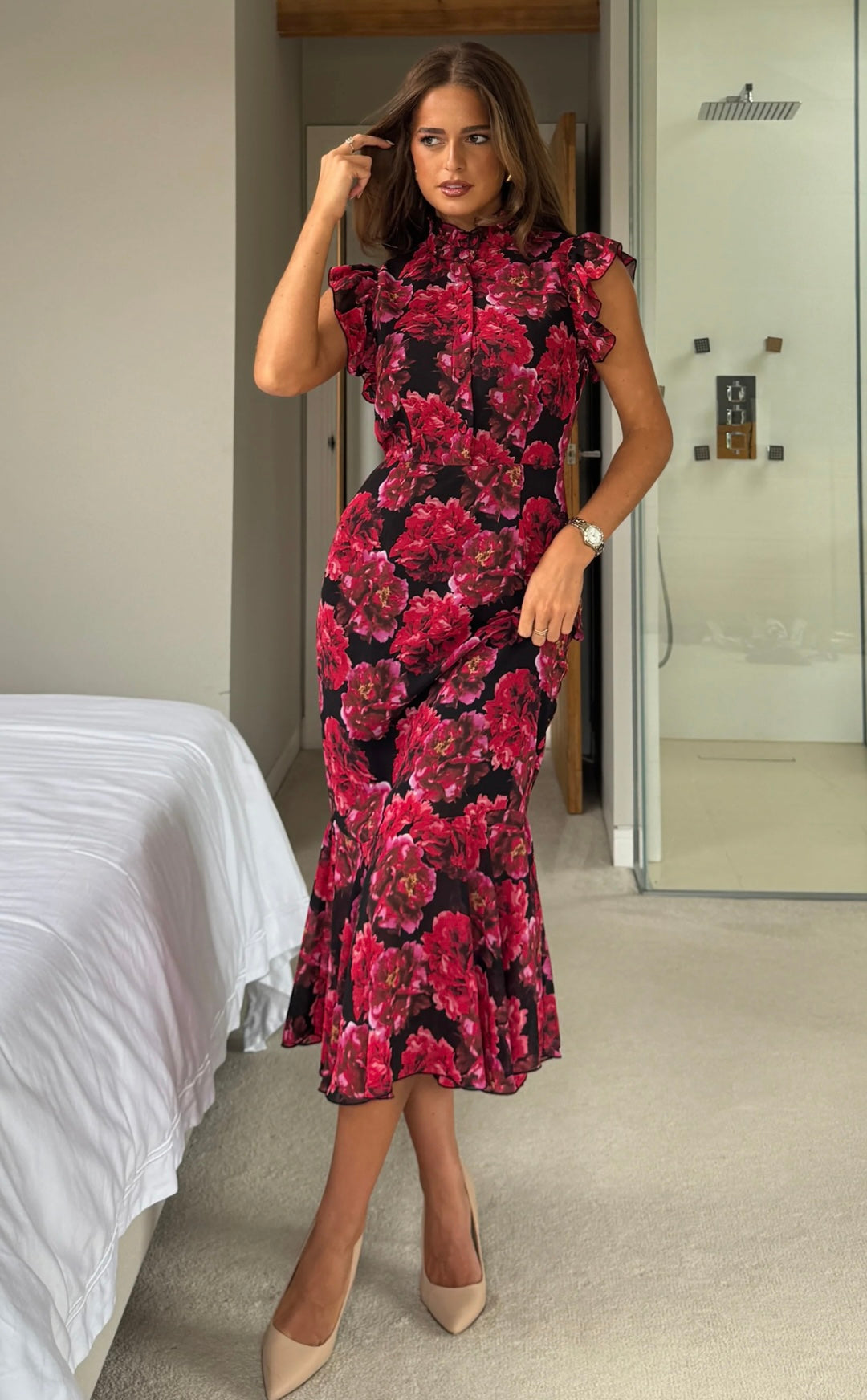 Hannah Black & Red Floral Midi Dress