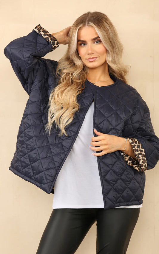 Cora Leopard Print Padded Coat In Navy