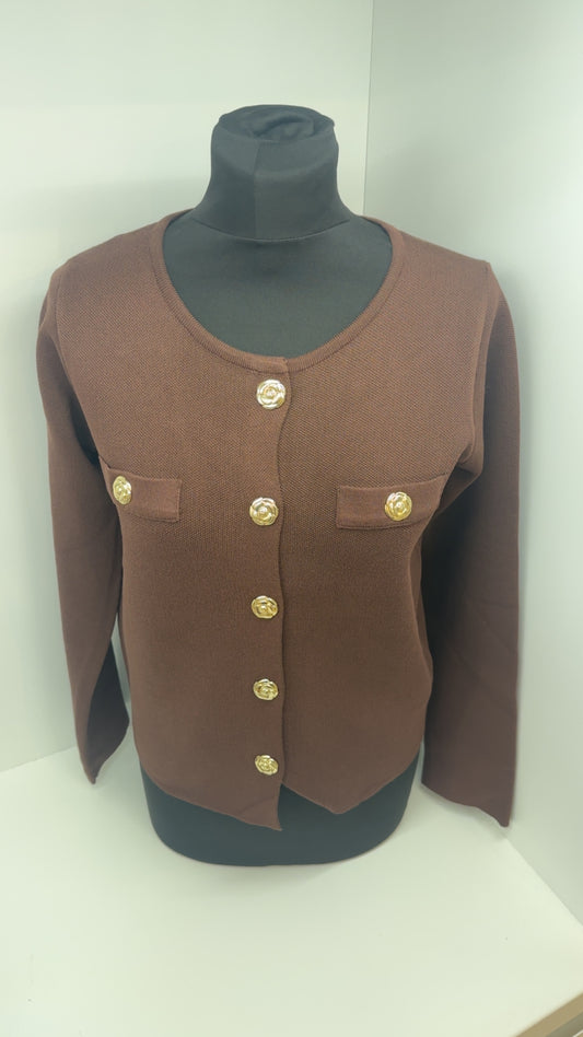 Brown Cardigan With Gold Statement Buttons