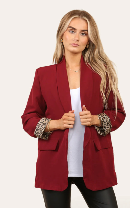 Mila Burgundy Leopard Print Blazer Jacket