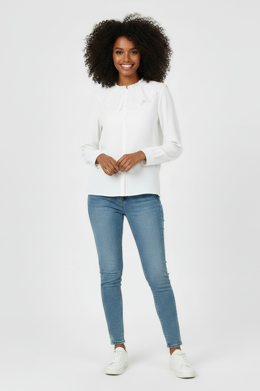 White Broiderie Anglaise Collared Shirt