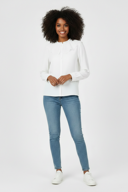 White Broiderie Anglaise Collared Shirt