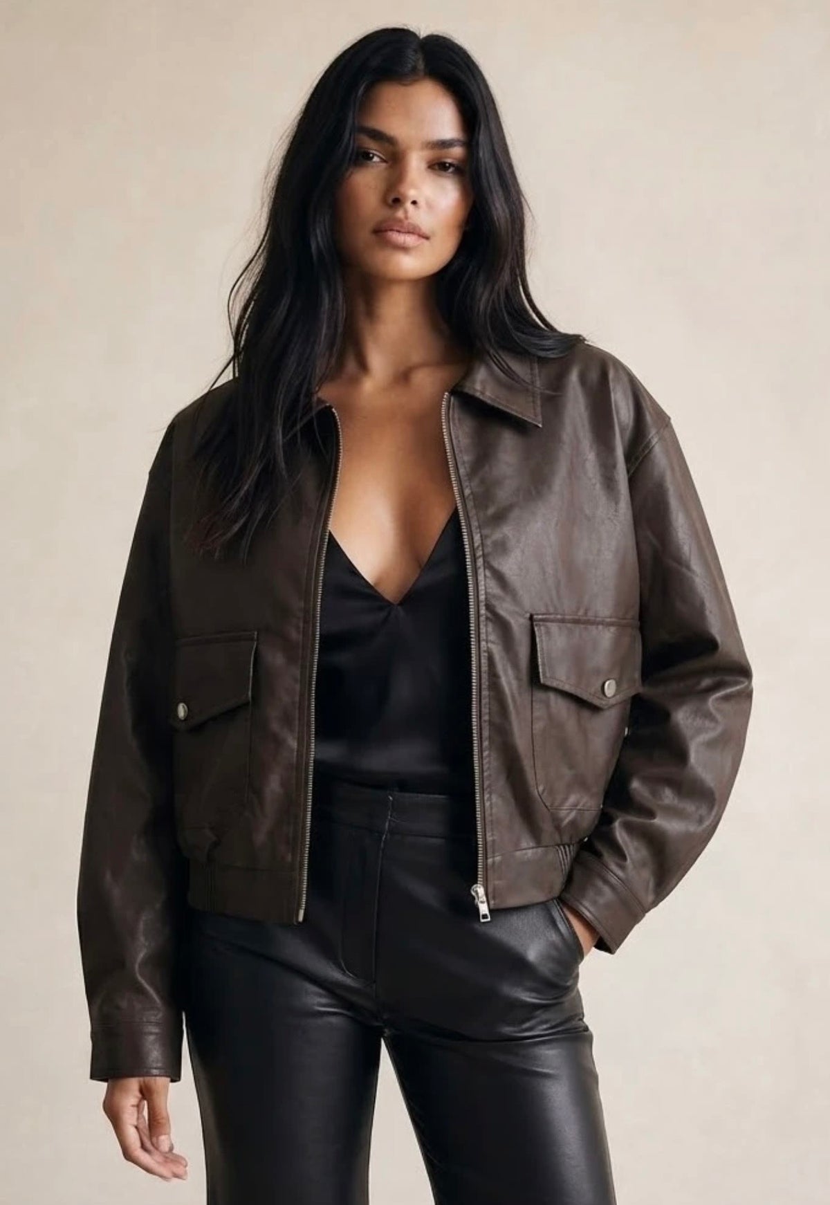 Brown PU Jacket With Oversized Pockets