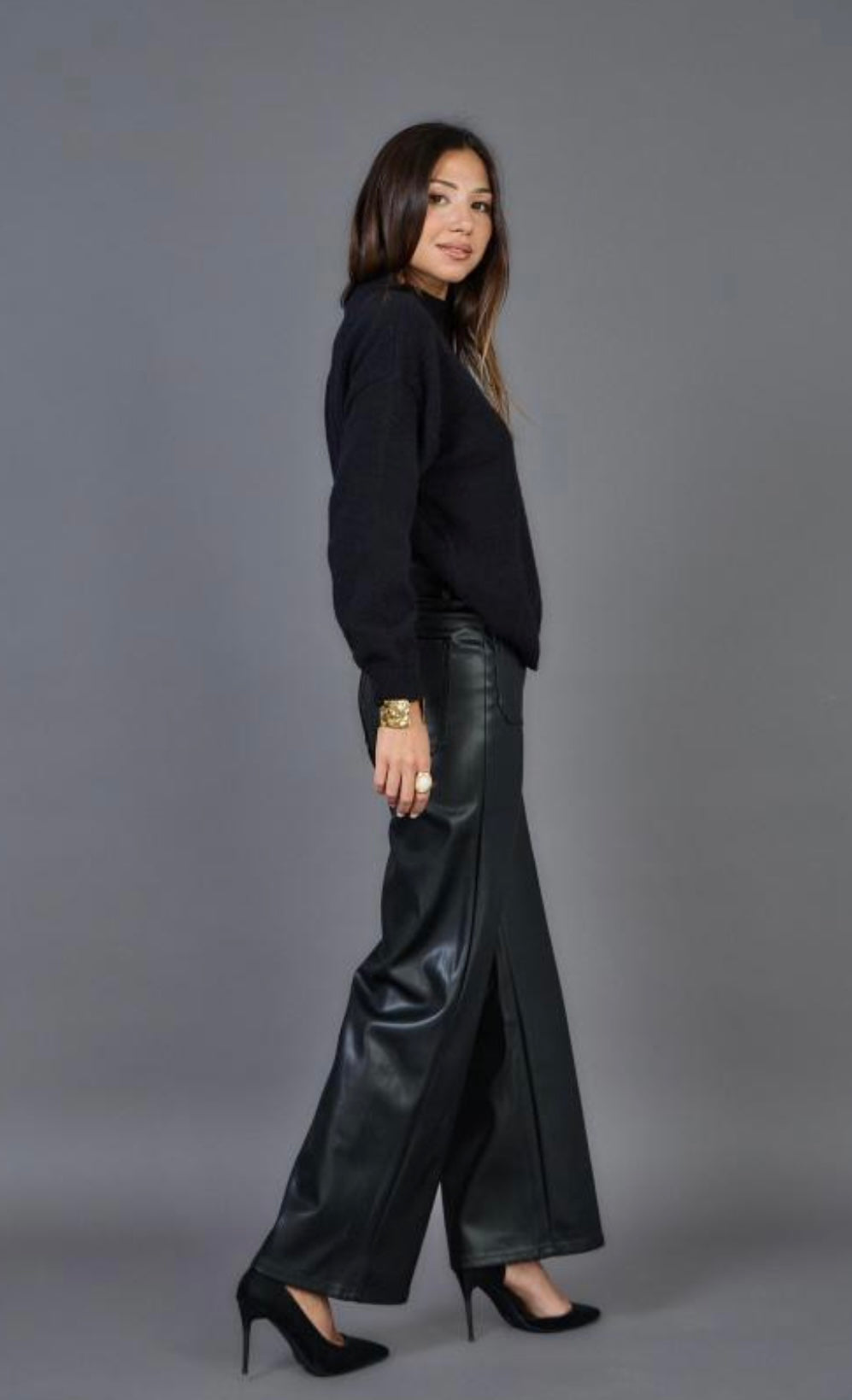 Black Leather 2 Front Pocket Wide Leg Trousers