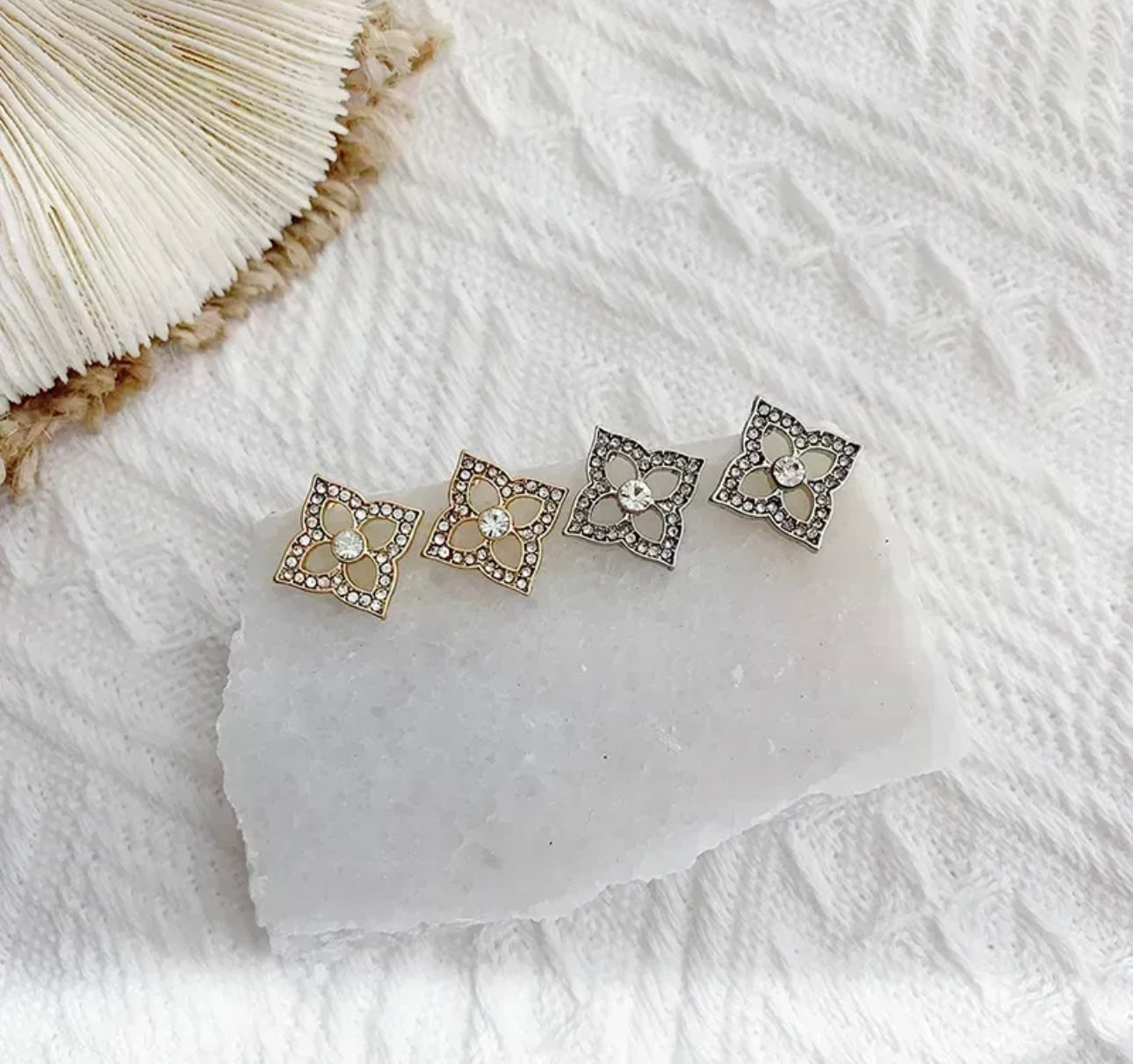 Flower Diamanté Earring Studs In Gold
