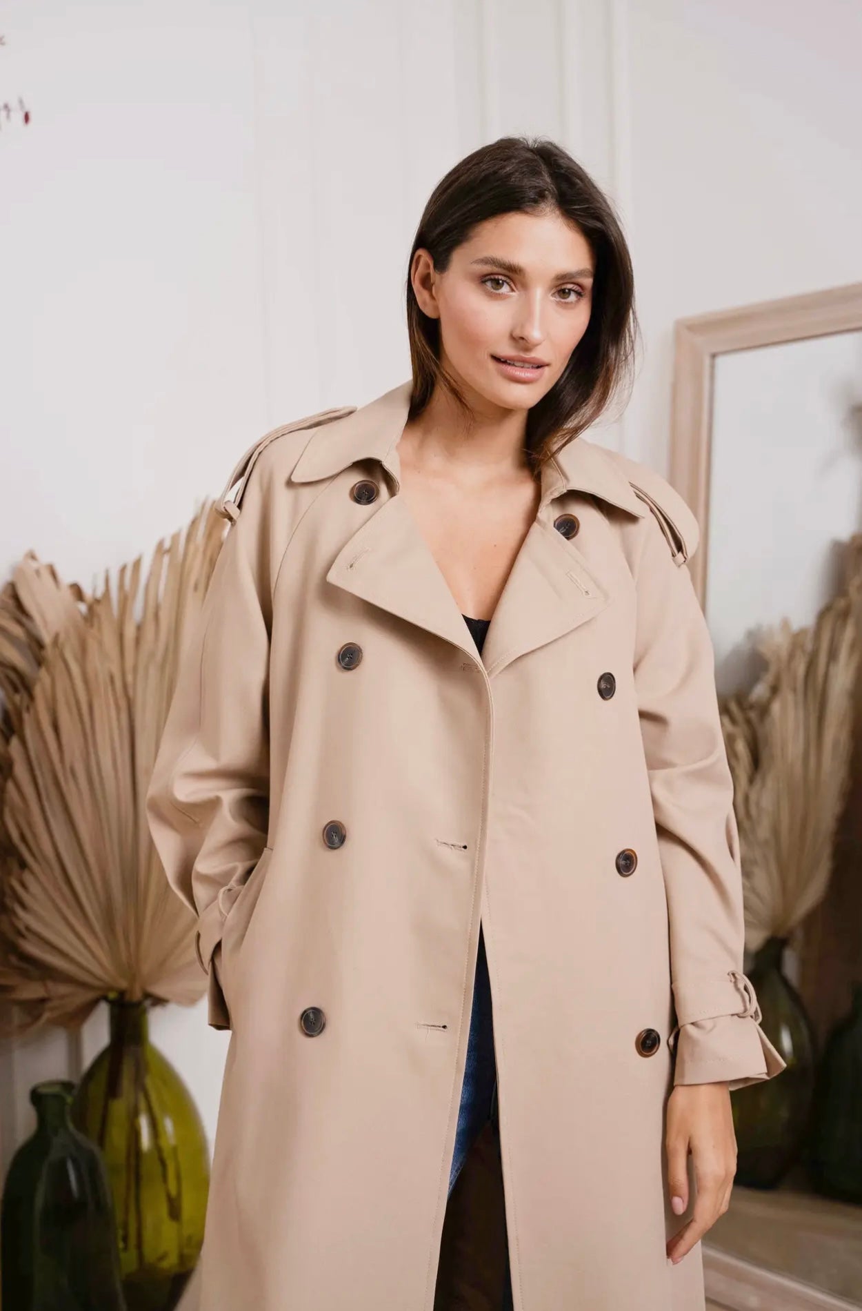 Reva Long Belted Trench Coat In Beige