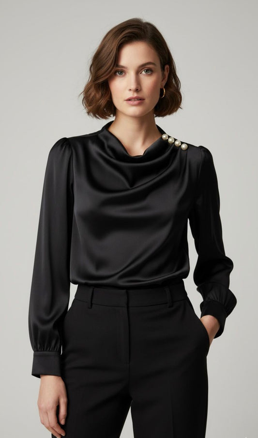 Black Satin Pearl Neck Blouse