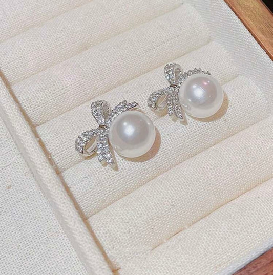 Silver Pearl Bow Detail Earrings