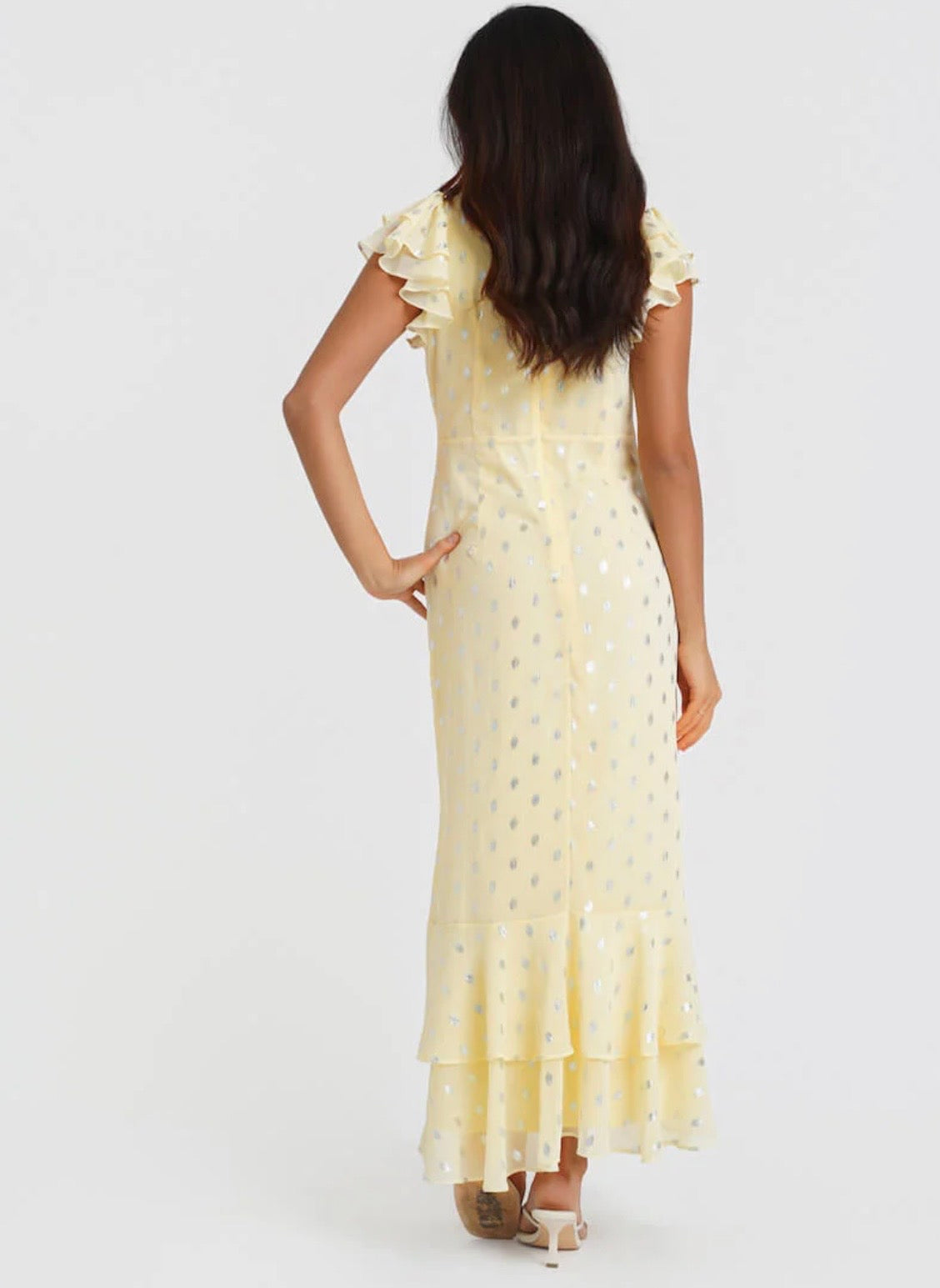 Nadia Lemon Flutter Sleeve Foil Midi Dress