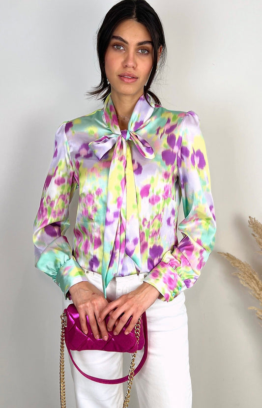 Ria floral Satin Bow Neck Blouse