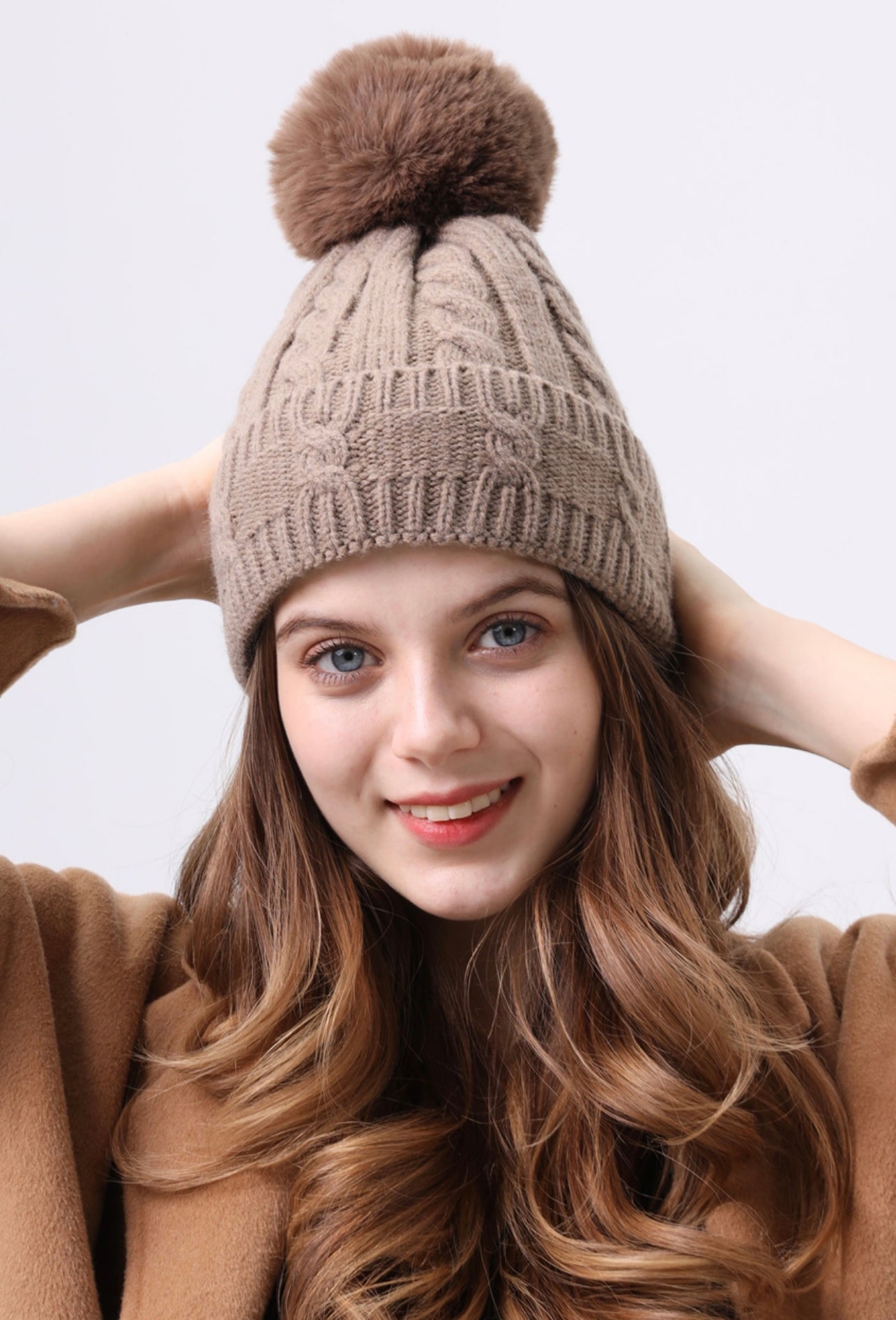 Taupe Fleece Lined PomPom Hat