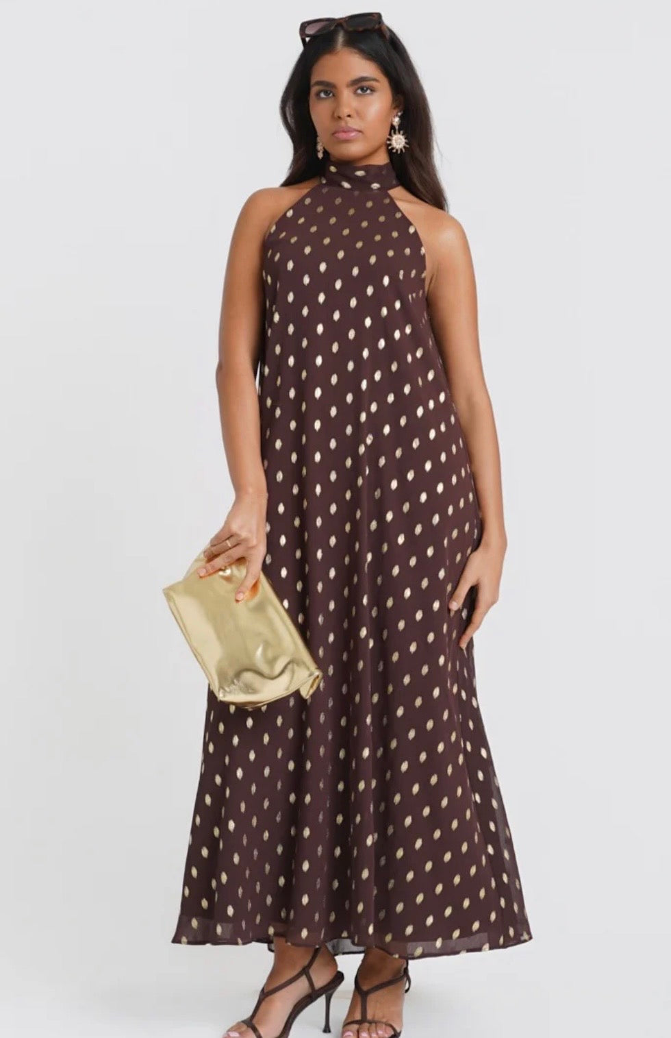 Gianna Brown & Gold Halter Neck Dress
