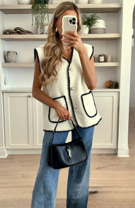 Dottie Boucle Ivory & Black Piped Waistcoat