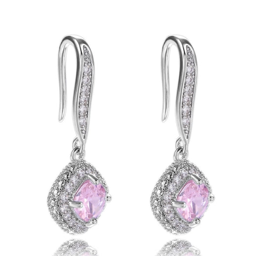 Sterling 925 Pink Diamanté Hook Earrings